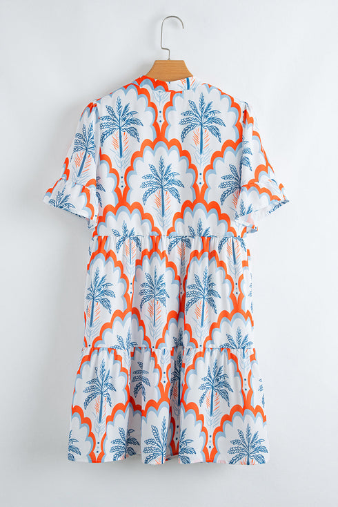 Orange Contrast Palm Tree Printed Short Sleeve Flowy Dress